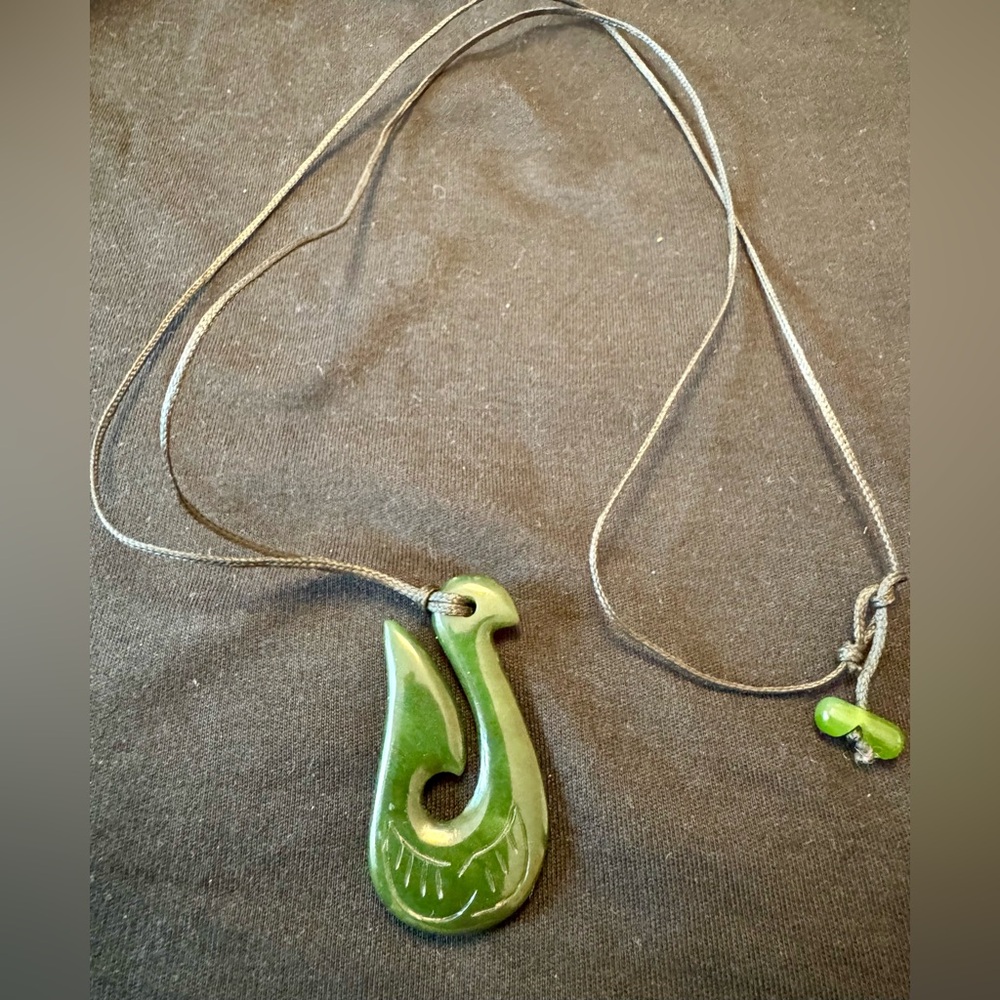 Māori Hei Matau Jade Fish Hook Necklace on Long Black Cord